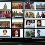 **Interactive History Timeline:** A group of Malaysian students collaboratively creating an interactive timeline of Malaysian history on a large digital screen. The timeline includes images of historical figures and events, with students pointing and discussing. Emphasize teamwork and engagement.