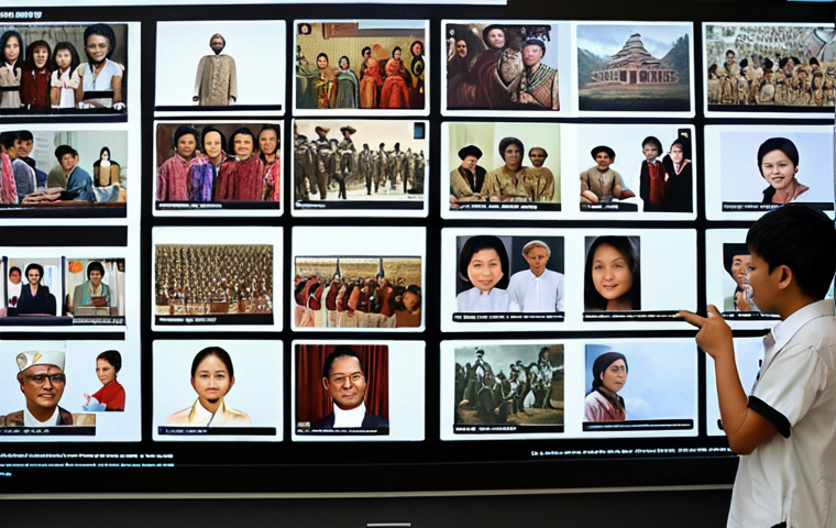 **Interactive History Timeline:** A group of Malaysian students collaboratively creating an interactive timeline of Malaysian history on a large digital screen. The timeline includes images of historical figures and events, with students pointing and discussing. Emphasize teamwork and engagement.
