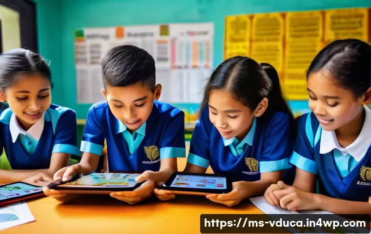게이미피케이션 교육 도구 비교 - A vibrant Malaysian classroom scene featuring diverse primary school children wearing school uniform...