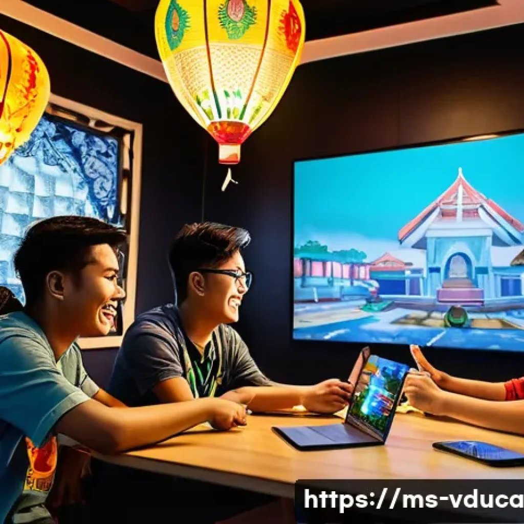 게임 요소의 사회적 영향과 교육적 응용 - A vibrant Malaysian youth gaming scene showing a diverse group of teenagers playing Mobile Legends a...