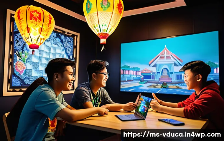 게임 요소의 사회적 영향과 교육적 응용 - A vibrant Malaysian youth gaming scene showing a diverse group of teenagers playing Mobile Legends a...