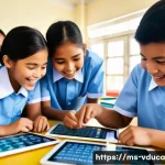 Home 22 게임 요소의 교육적 가치 분석 - A vibrant classroom scene in a Malaysian school where diverse students wearing school uniforms engag...
