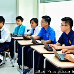 Home 21 게이미피케이션 교육을 위한 예산 관리 방법 - A modern Malaysian classroom scene focused on gamification technology integration, featuring a diver...