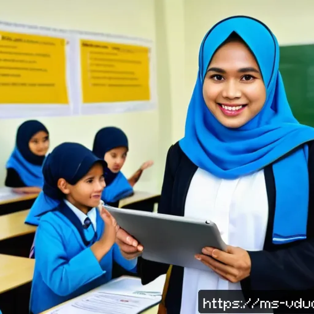 블렌디드 러닝과 게이미피케이션의 융합 - A modern Malaysian classroom scene showing a diverse group of school-age students actively engaged w...
