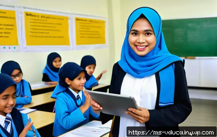블렌디드 러닝과 게이미피케이션의 융합 - A modern Malaysian classroom scene showing a diverse group of school-age students actively engaged w...