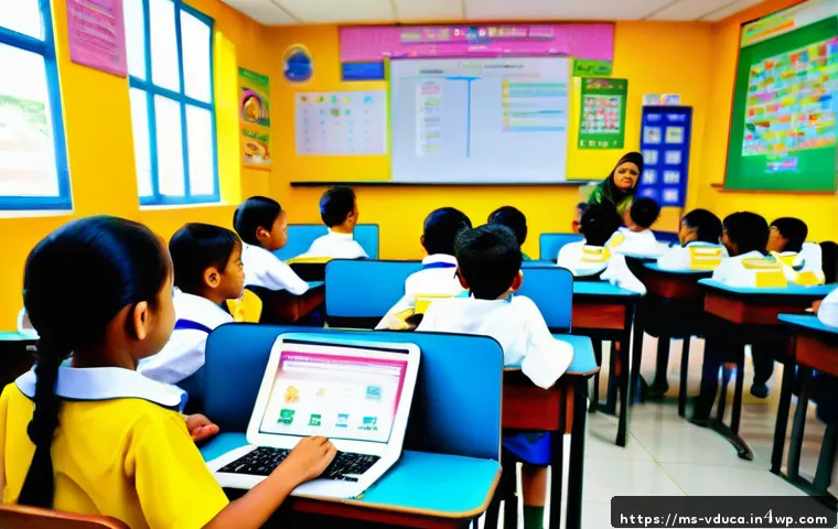 게이미피케이션 교육에서의 기초 데이터 분석 - A vibrant classroom scene in a Malaysian primary school setting, featuring diverse children aged 7-1...
