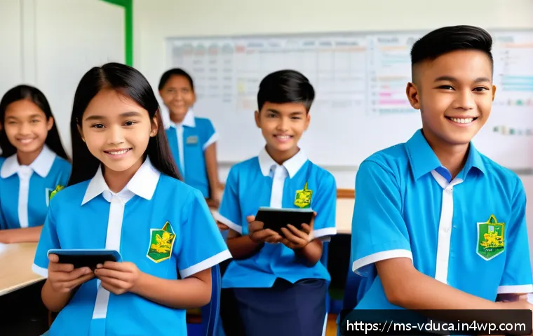 게이미피케이션을 통한 학습 목표 설정 방법 - A vibrant classroom scene in a Malaysian school setting, showing diverse students aged around 12-15 ...
