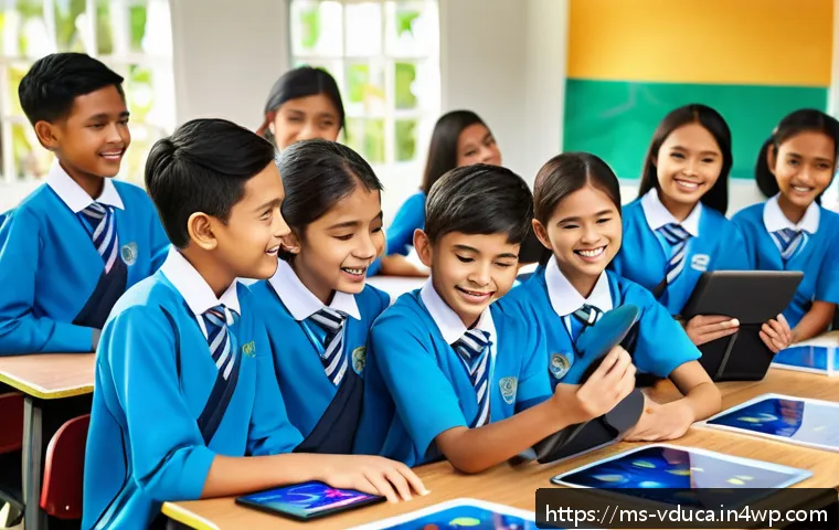 게이미피케이션 교육을 위한 콘텐츠 개발 방법 - A vibrant classroom scene set in a Malaysian school, showing diverse students actively engaged in a ...